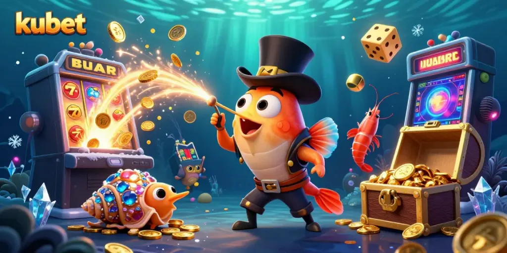 Experience the vibrant world of kubet with a thrilling 3D underwater casino scene, featuring exciting game elements.