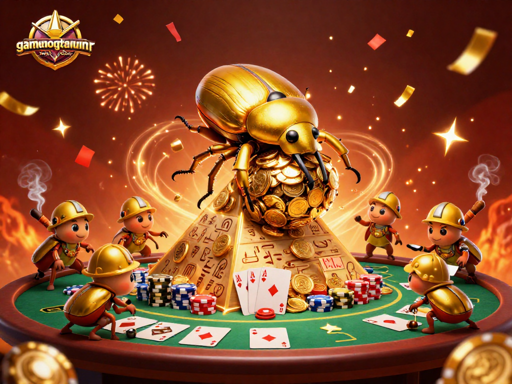 Engage with gamenongtraivuive's exciting casino entertainment featuring 3D cartoon beetles and sparkling poker elements.