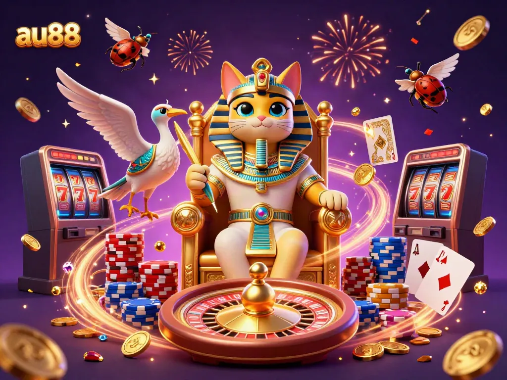 Experience the thrill of au88 with a vibrant casino scene featuring an Egyptian pharaoh cat surrounded by winning symbols.
