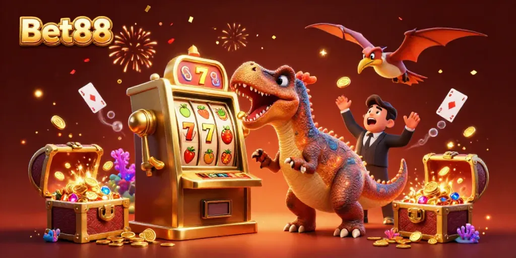 Experience Bet88's thrilling jackpot with colorful coins flying in a vibrant casino scene.