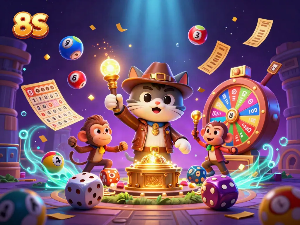 Experience the thrill of 8S with an explorer cat and monkey companion amid colorful casino elements.