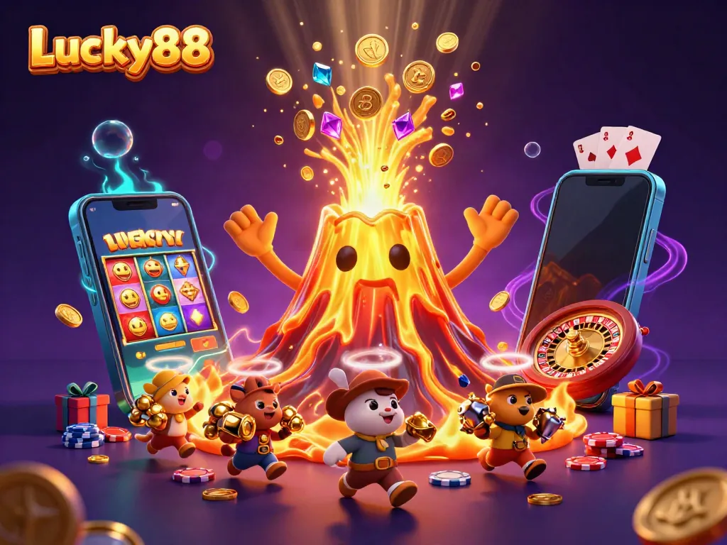 Experience thrilling wins at Lucky88 with vibrant slot game elements and a jubilant golden volcano erupting treasures.