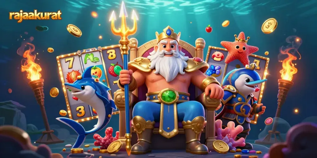Memenangkan permainan slot di rajaakurat dengan simbol keberuntungan dan elemen menarik dalam ilustrasi 3D.
