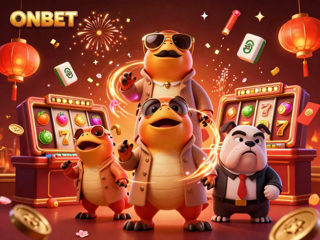 Enter the ONBET VIP casino lounge with cartoon raptors and a bulldog bouncer in a vibrant scene.