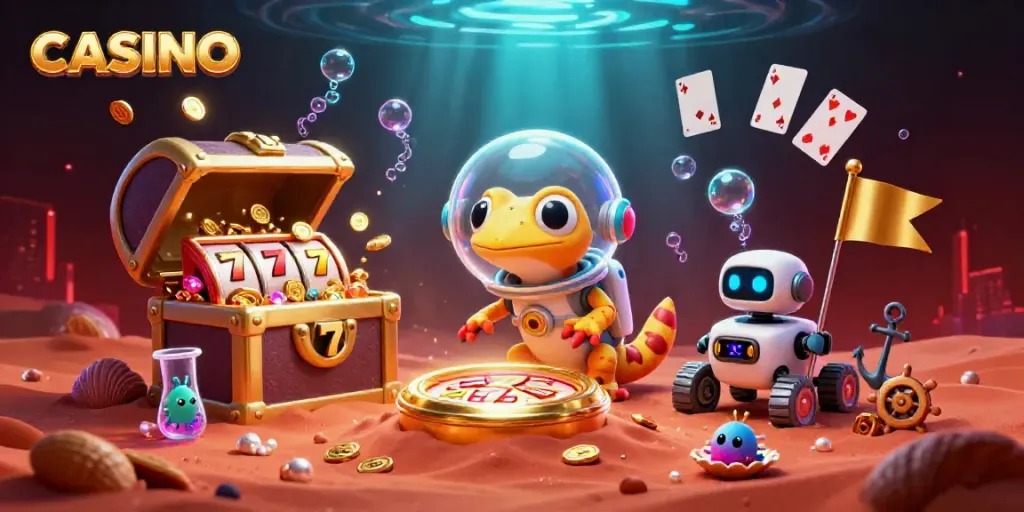 Martian gecko discovers a vibrant casino oasis, symbolizing the excitement of gambling.