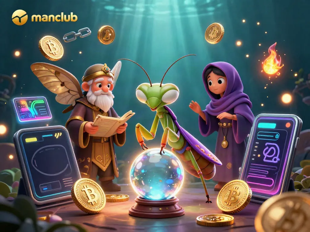 Engage with manclub's immersive gaming experience featuring a vibrant 3D illustration of fortune tellers and crypto-themed elements.