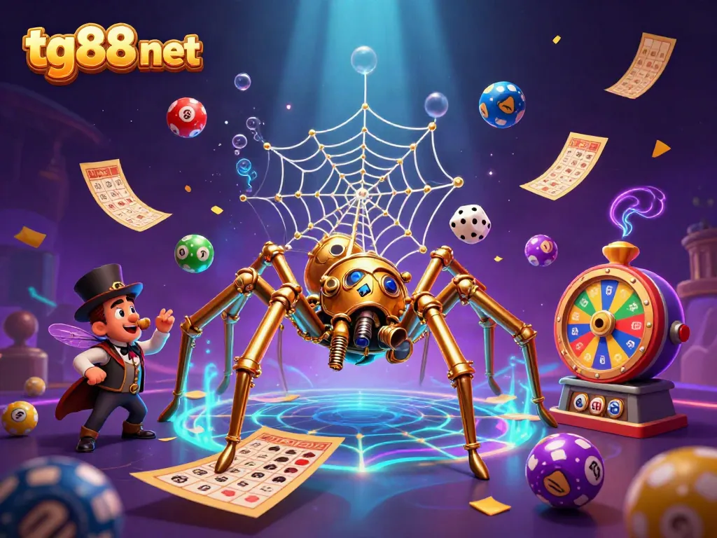 Engage with thrilling gaming elements at tg88 net featuring a vibrant steampunk spider and exciting lottery visuals.