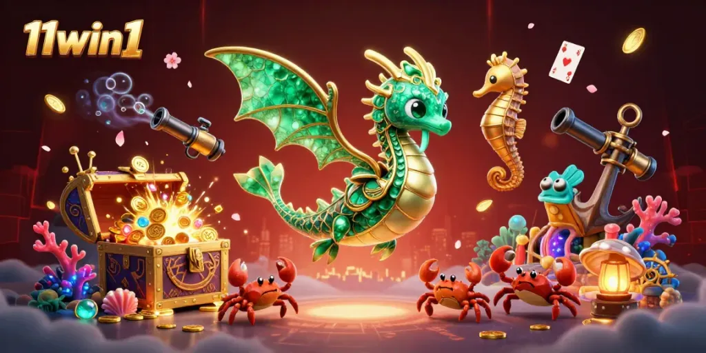 Engaging scene of 11win1 with a sea dragon, treasure chest, and stunning casino elements.