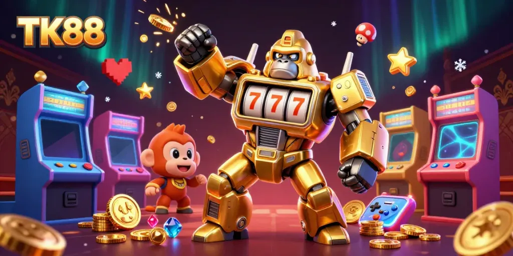 Engage in thrilling gameplay at TK88 with a dynamic casino illustration showcasing a golden gorilla mech.