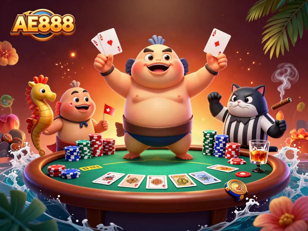 Join the thrilling AE888 underwater poker match with vibrant characters and dynamic casino elements.