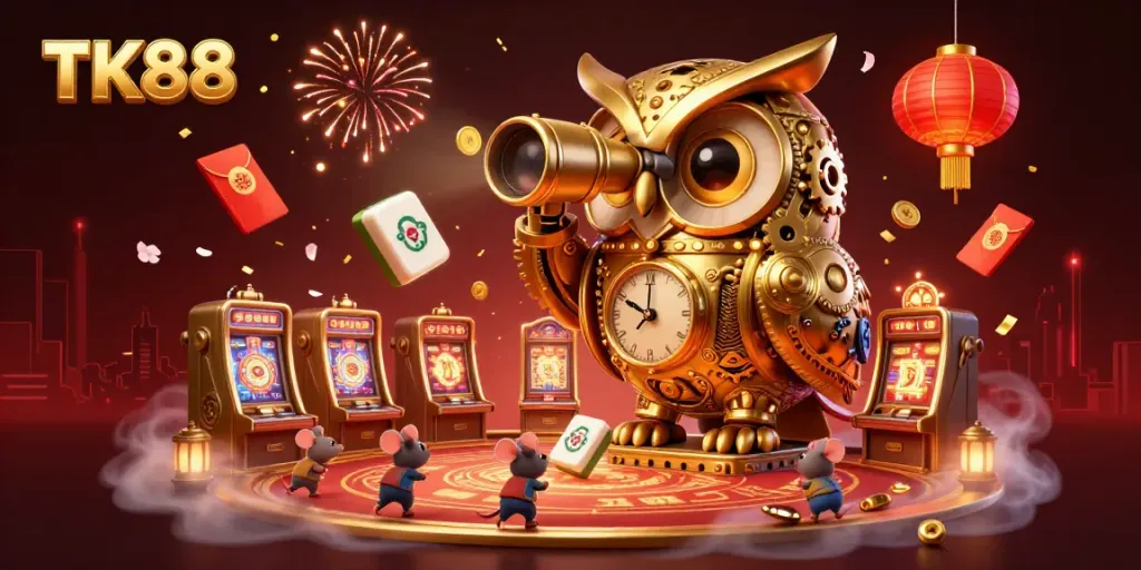 TK88 showcases a vibrant casino scene with a colossal clockwork owl scanning the buzzing floor.
