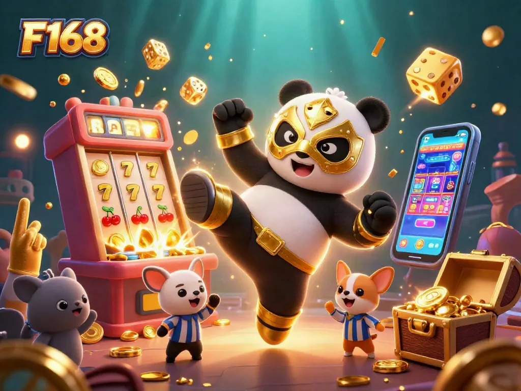 Engage with F168 casino excitement featuring a panda wrestler and animated slot explosion.