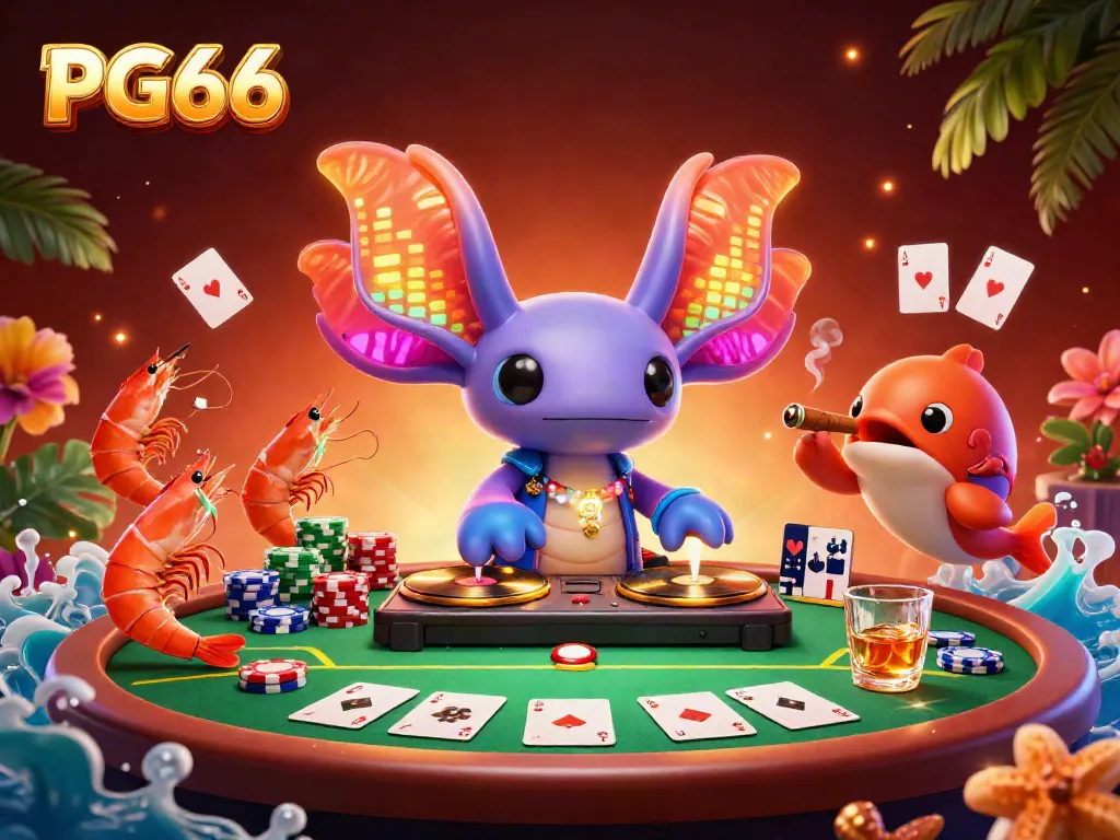 Engage with PG66's vibrant casino scene featuring an axolotl DJ and lively underwater characters.