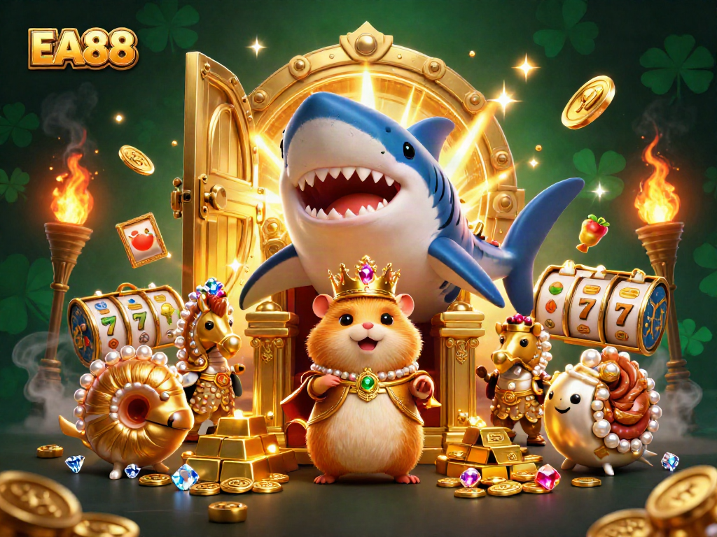 Win big with EA88 in this vibrant scene featuring a golden hamster king and treasure-filled slot reels.