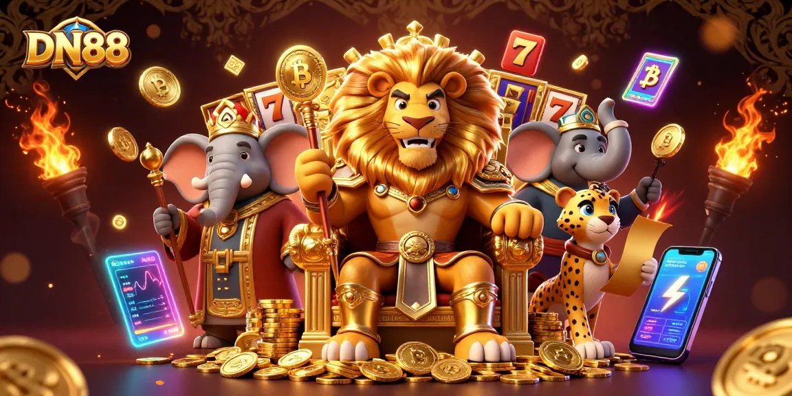 Engage with the vibrant DN88 casino scene featuring a lion king, an elephant advisor, and a cheetah messenger.