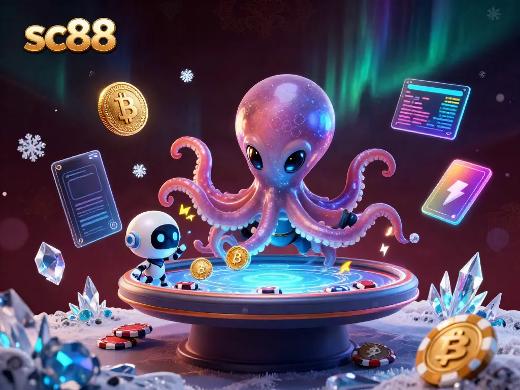 Engage in thrilling gameplay with SC88, featuring a dynamic alien octopus at a holographic poker table.