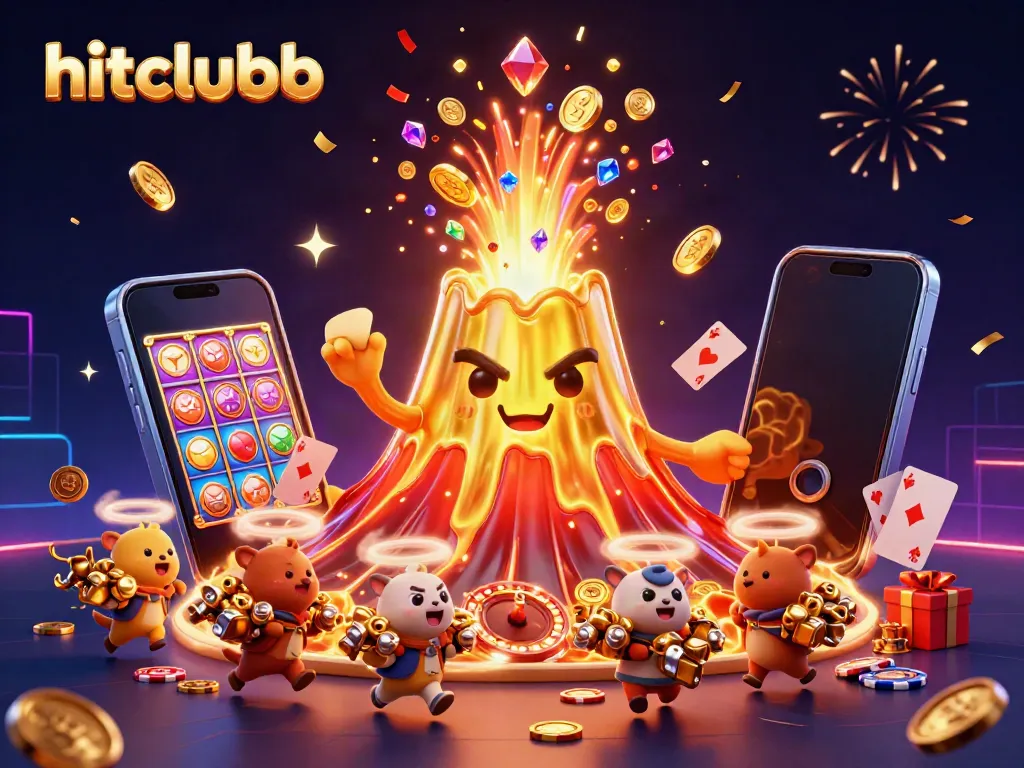 Experience hitclubb's thrilling gaming atmosphere with a volcano of coins and lively characters.