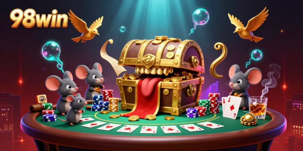 98win offers thrilling gaming experiences with treasure chests, poker tables, and vibrant elements.