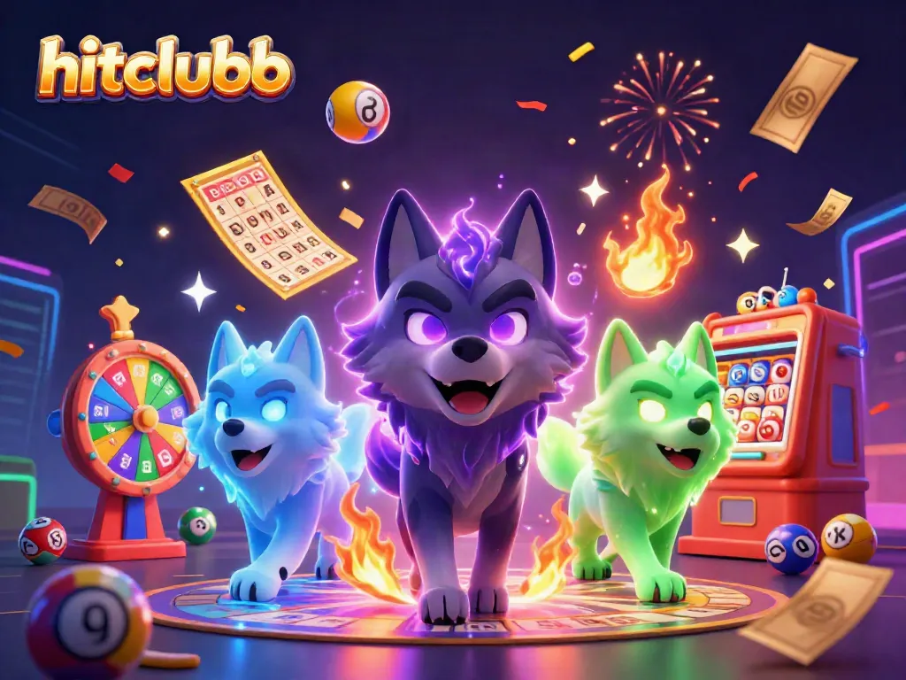 Hitclubb showcases vibrant casino excitement with glowing wolves and dynamic lottery elements.
