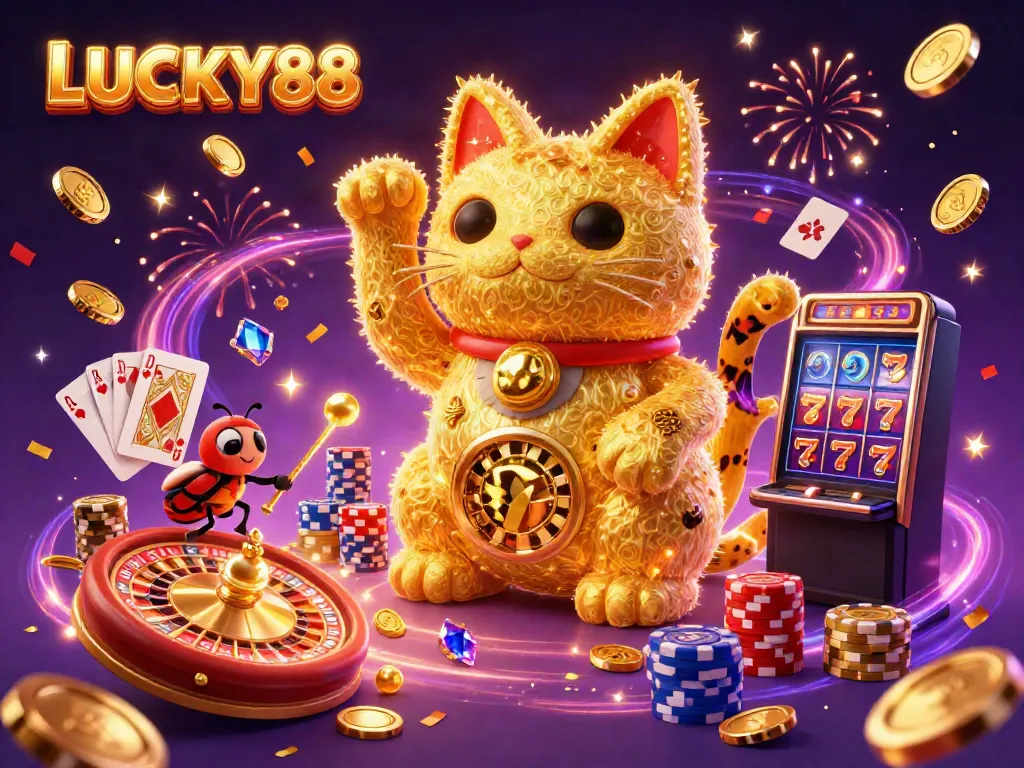 Experience the excitement of LUCKY88 with animated casino symbols, cascading coins, and vibrant gaming elements in a whimsical 3D scene.