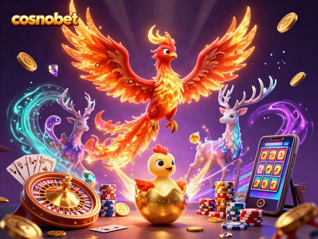Experience cosmobet with vibrant casino elements, featuring a phoenix and mystical stag.