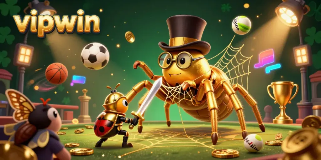 Experience thrilling betting excitement at vipwin with a dynamic scene featuring a golden tarantula and lively casino atmosphere.