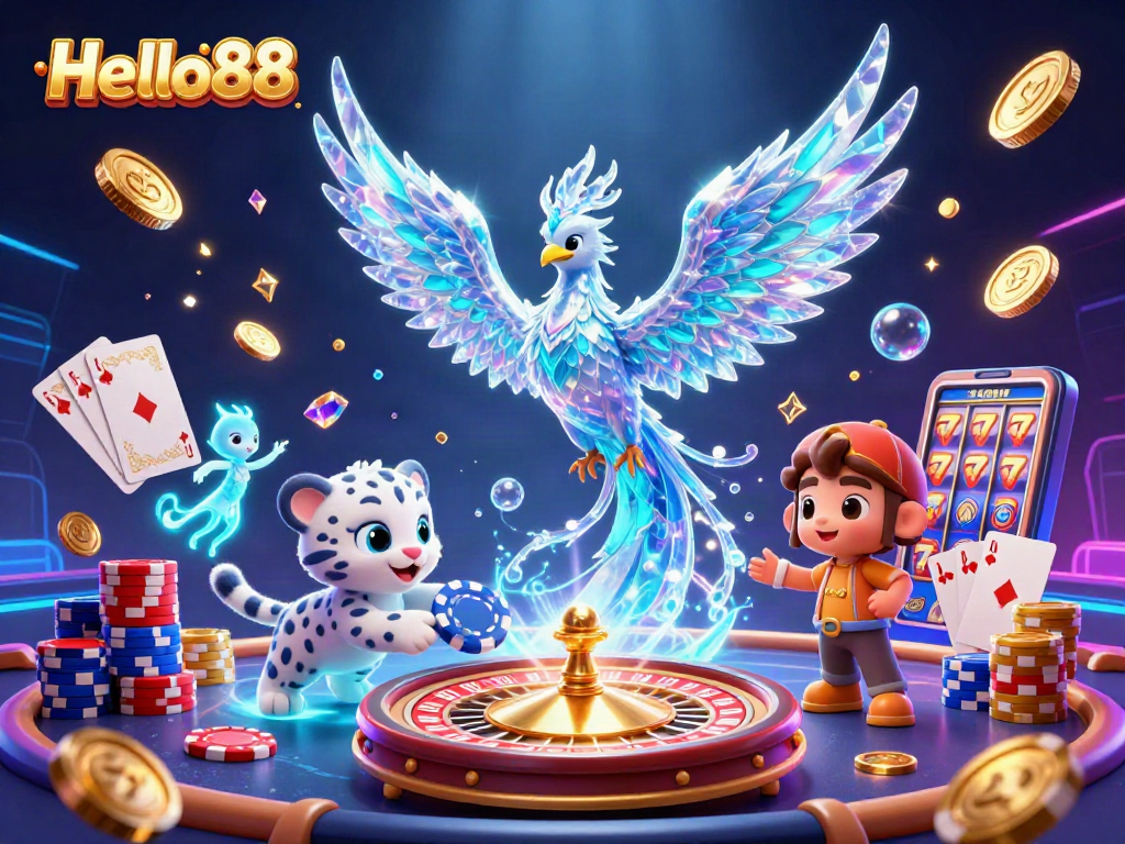 Win big at Hello88 with a vibrant scene of a winning poker hand and playful casino creatures.