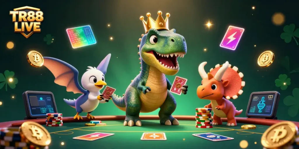 Experience the thrill of TR88 LIVE with vibrant characters, playful casino elements, and a dynamic design.