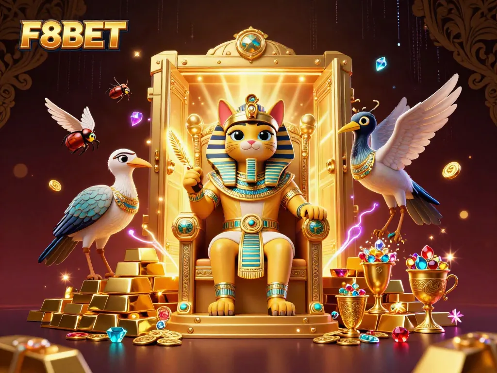 Experience the dynamic atmosphere of F8BET's casino world, illustrated with vibrant characters and symbols.