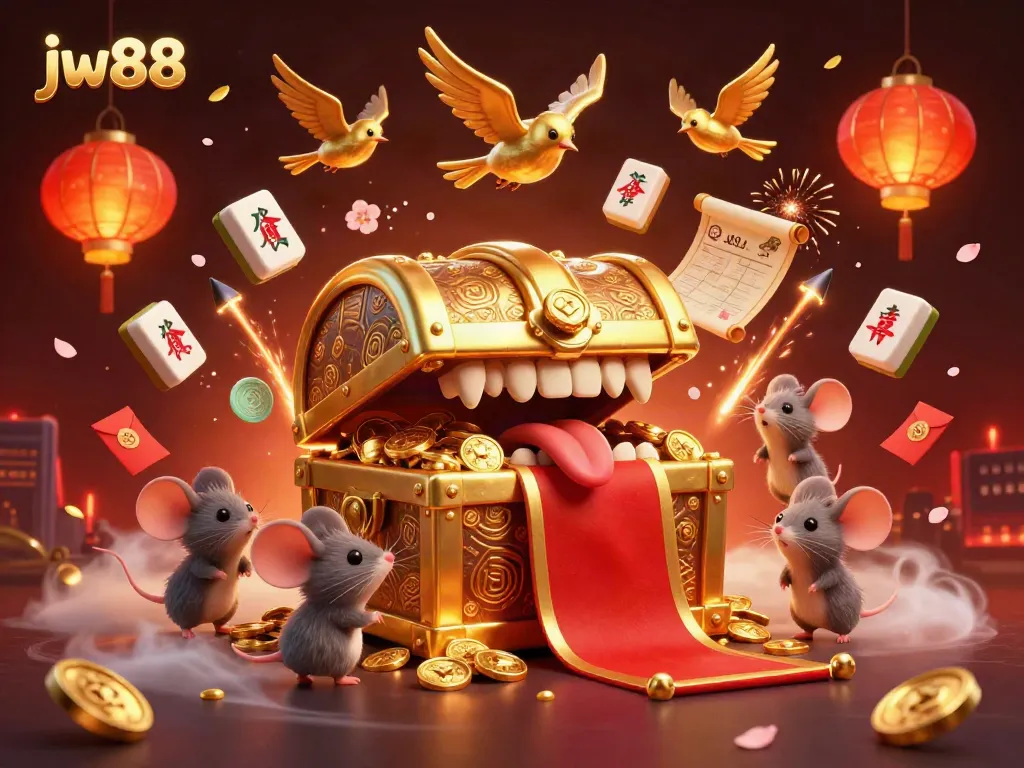 Experience the thrill of jw88 gaming with vibrant neon treasures and festive elements in a dynamic casino scene.