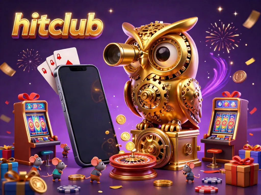 Experience the vibrant atmosphere of hitclub with a golden owl and colorful slot games.