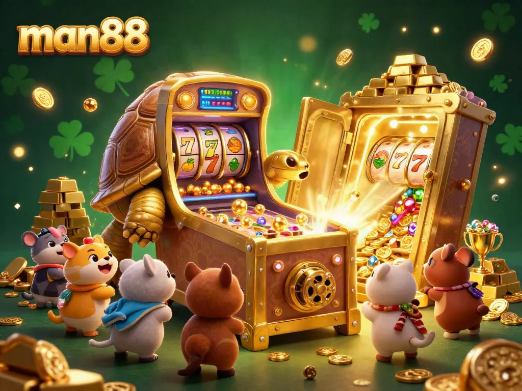 Experience the thrill of man88's slots with this dynamic 3D illustration showcasing a golden tortoise inspired pinball machine and treasure.
