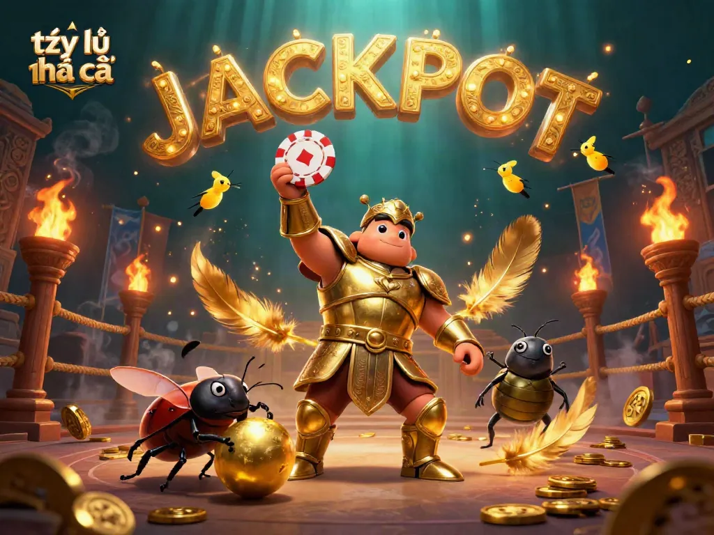 Engaging scene illustrating tỷ lệ nhà cái with a victorious beetle character, gambling elements in a dynamic casino atmosphere.