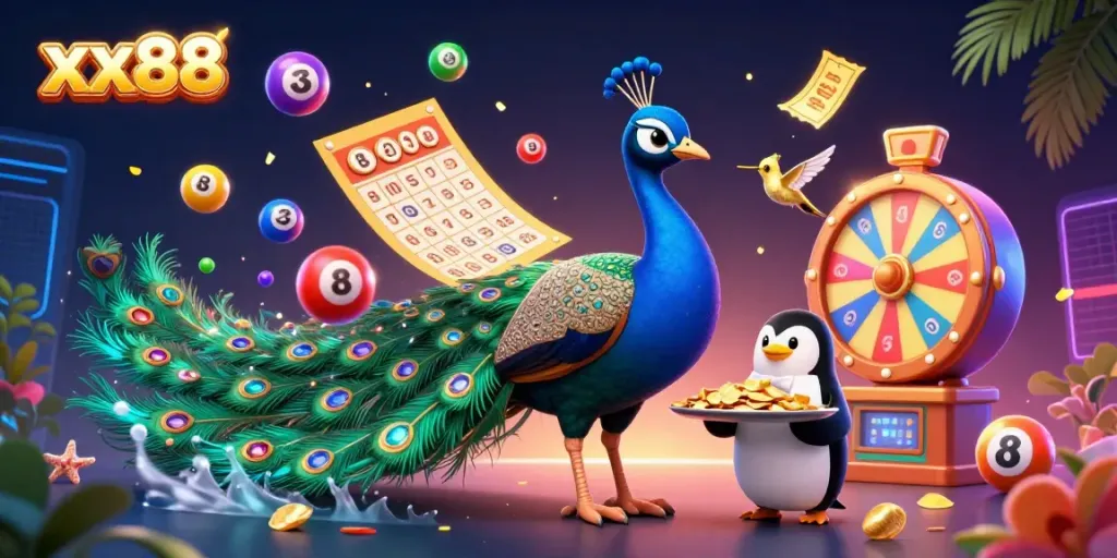 Experience the excitement of xx88 with a vibrant 3D casino scene featuring unique characters and gaming elements.