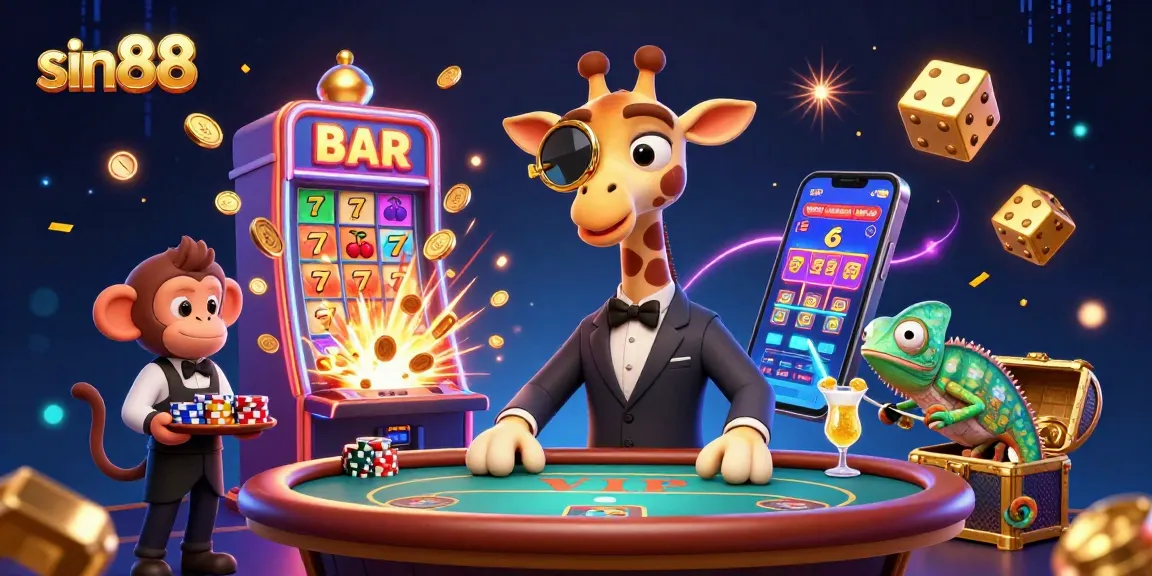 Engage in thrilling gameplay at sin88 with a high-roller giraffe, poker table, and vibrant casino elements.
