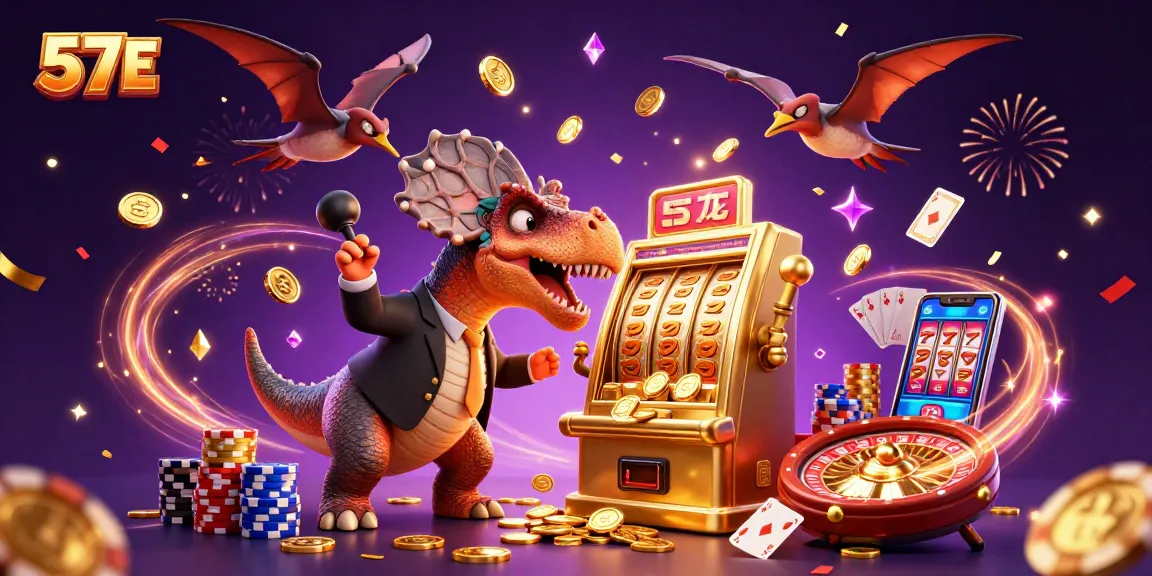 Experience the excitement of 57E as cartoon dinosaurs celebrate jackpot wins in a vibrant casino.