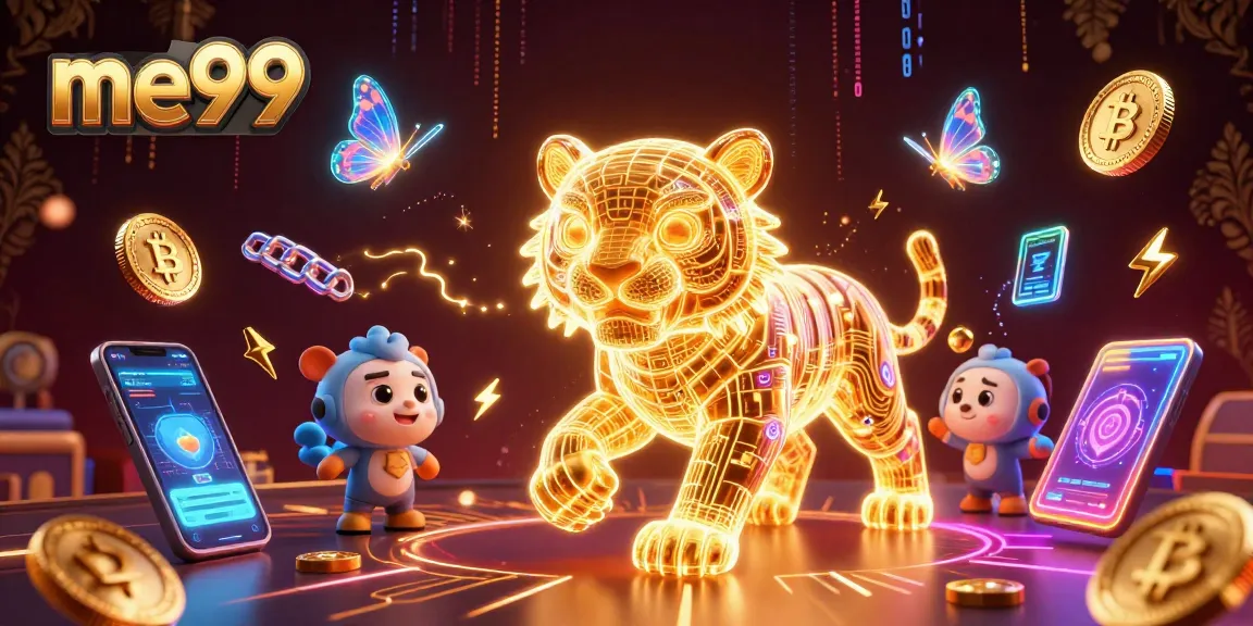 Experience the thrill of me99 with a neon-wireframe tiger in a vibrant digital casino.