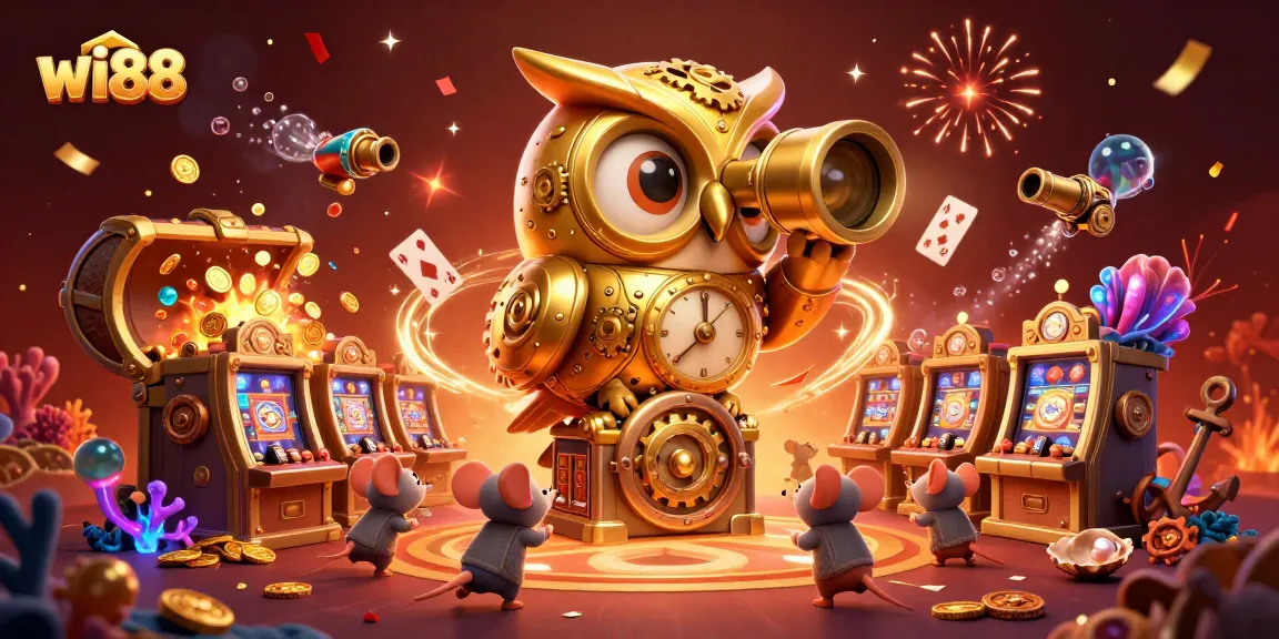 Experience captivating gaming action at wi88, highlighted by a golden owl overseeing a vibrant casino scene.