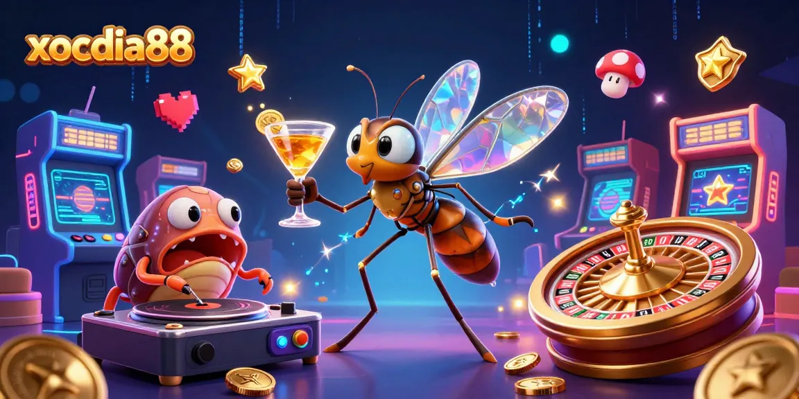 xocdia88 showcases a vibrant casino scene with a frozen mosquito mascot, trilobite DJ, and golden roulette wheel.