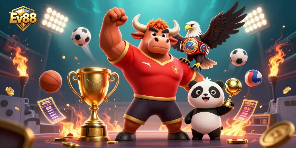 Experience thrilling gameplay at Ev88 with a dynamic scene of a victorious bull mascot and friends celebrating.