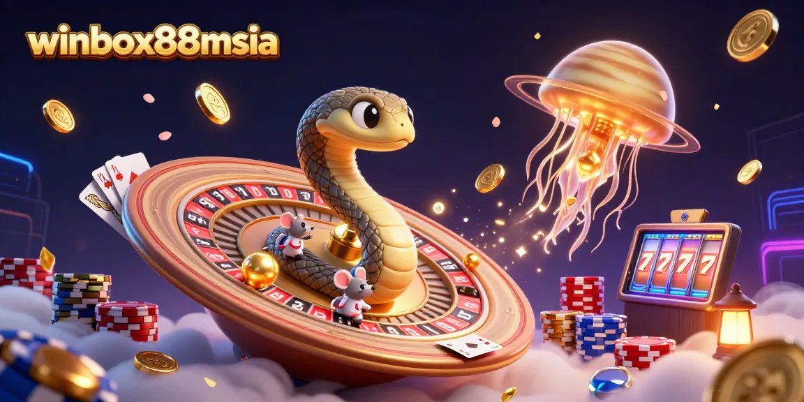 Experience gambling success with winbox88msia; a cosmic casino scene featuring lively game elements.