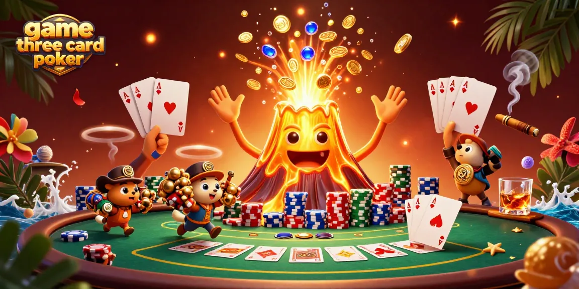 Engage in the game three card poker as treasure bursts forth from a golden volcano illustration.