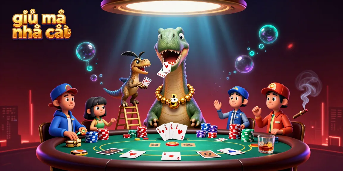 Engage with giải mã nhà cái through a vibrant 3D casino scene featuring unique characters and poker elements.
