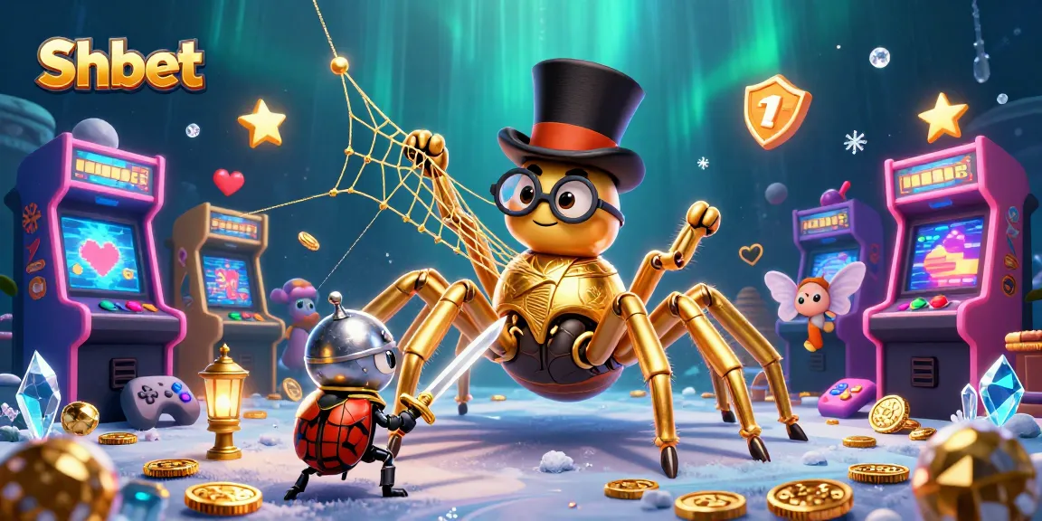 Experience Shbet's thrilling gaming world with a golden tarantula and knight in a vibrant casino scene.