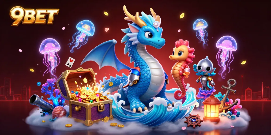 Experience the excitement at 9BET with a vibrant underwater adventure showcasing a 3D water dragon and treasure.
