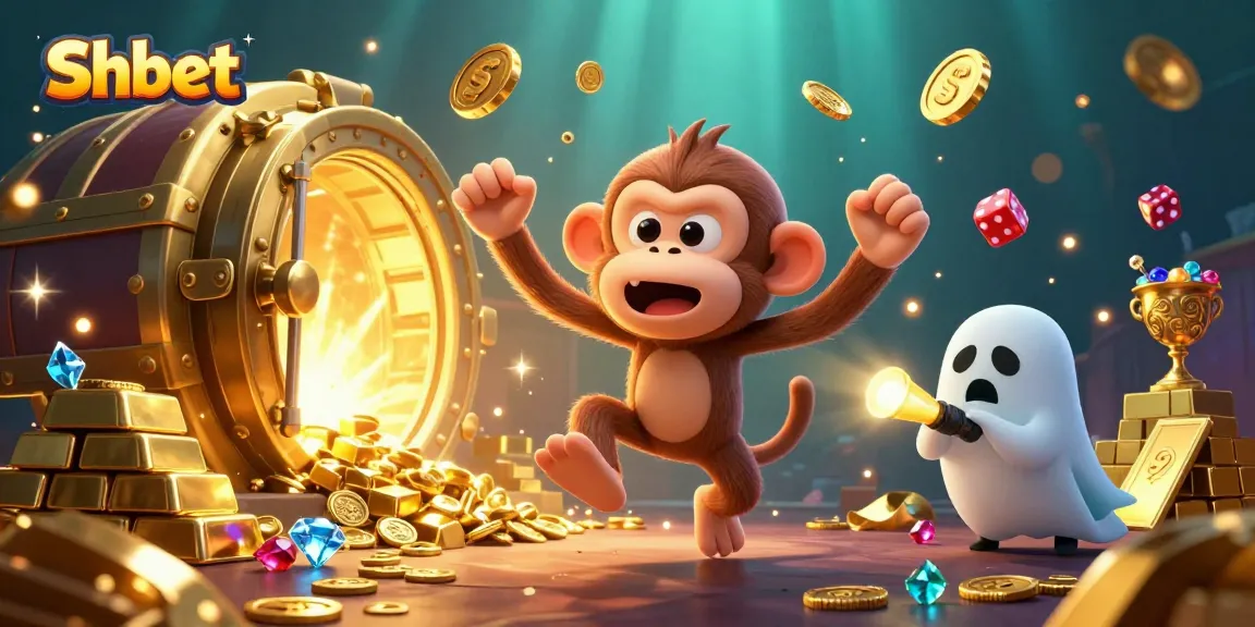 Shbet game action with a mischievous monkey and ghost-hunter puppy in a vibrant casino scene.