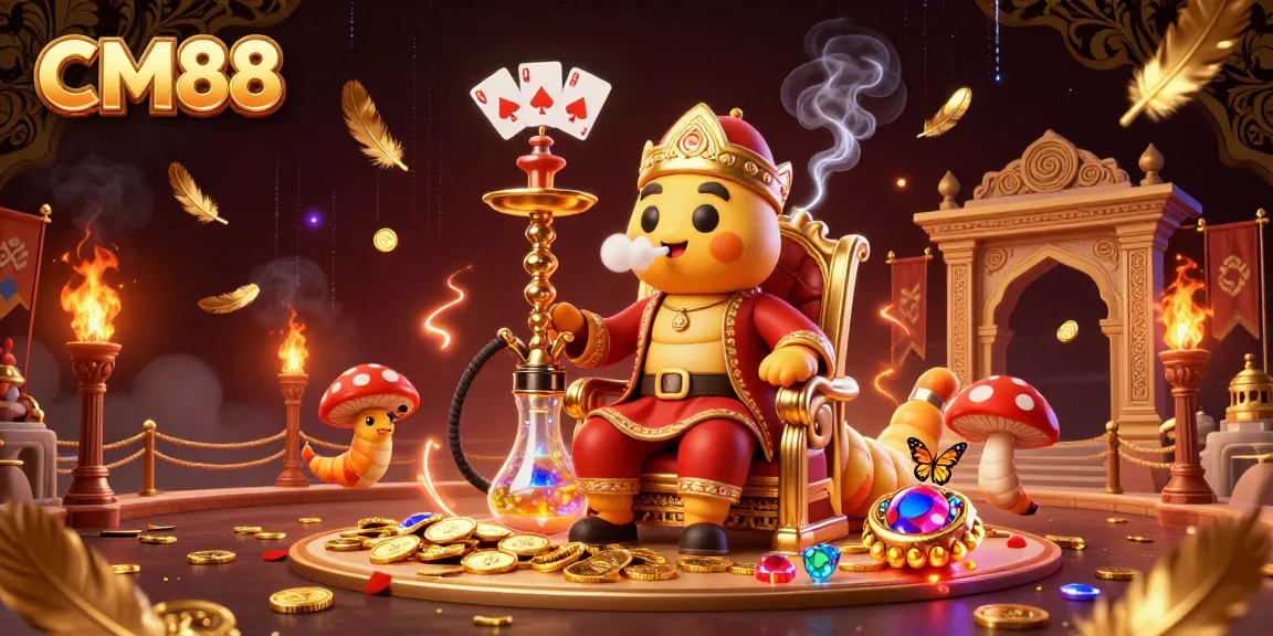 Experience the vibrant gameplay at CM88 with a 3D illustration showcasing a hookah-master and poker symbols.